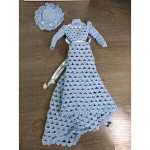 Handmade Crochet Barbie Victorian Style Blue Gown w Hat & Train Regency